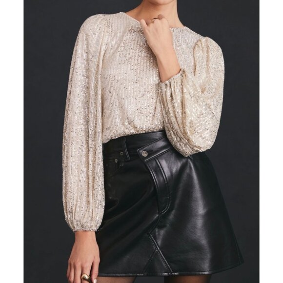 Anthropologie Flat White Sequin Long-Sleeve Top Size L Petite Keyhole Back - Picture 3 of 9
